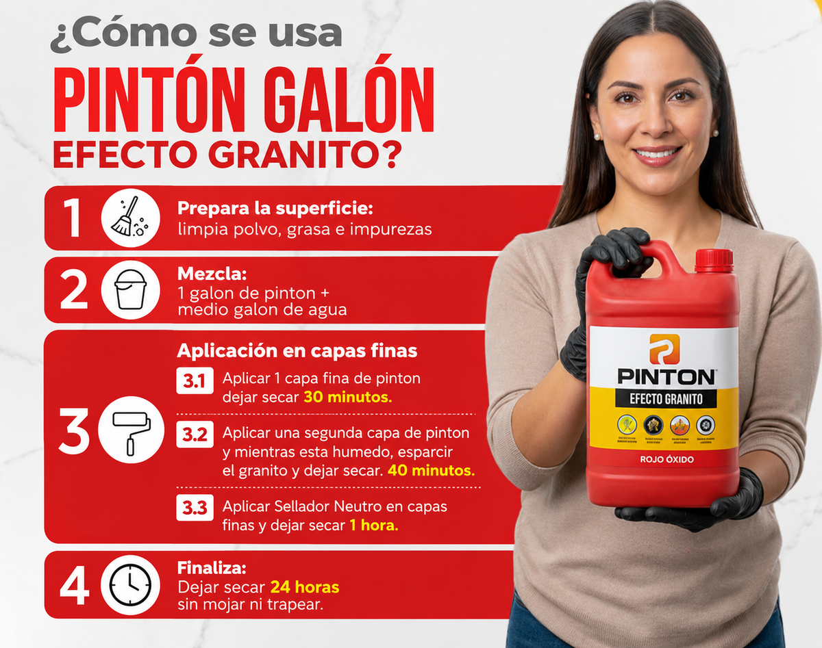 Cómo se usa PINTÓN Galón Efecto Granito: prepara, mezcla, aplica en capas y deja secar
